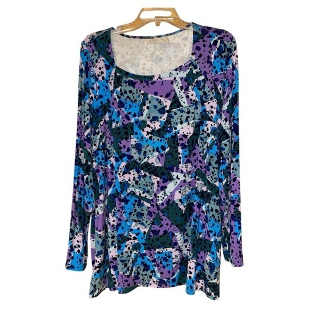 LOGO by Lori Goldstein Abstract Square‎ Neck Top Blouse Stretch Pockets Large